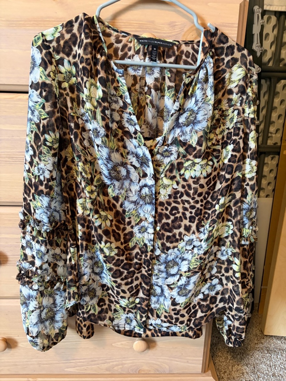 White House Black Market Brown Leopard Floral Button-Front Blouse